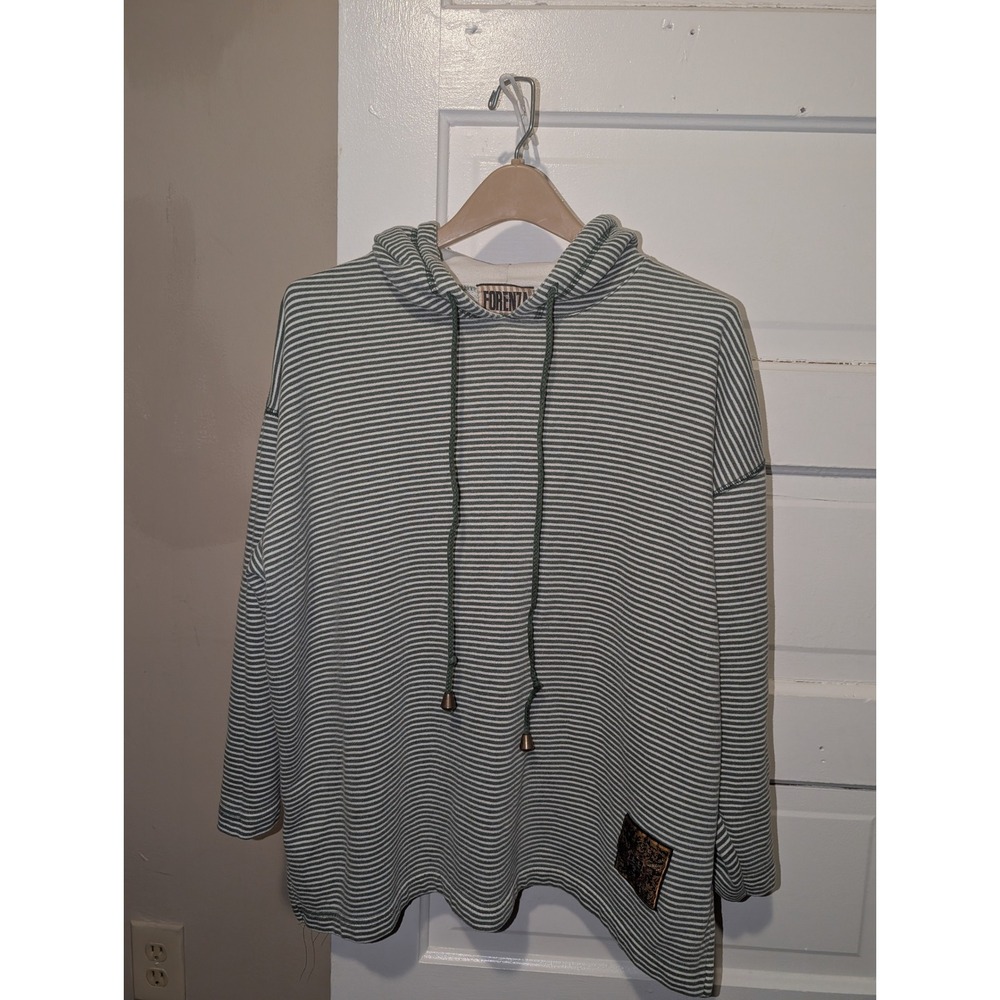 Vintage Forenza Striped Hoodie Green White Pullover Crest Patch Mens Medium